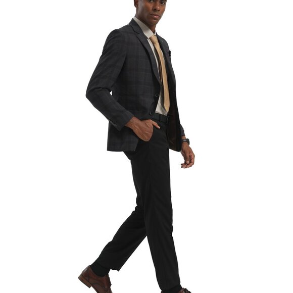 Charcoal Windowpane Check Notch Lapel Slim Fit Tazzio Men's Jacket - Picture 2 of 4